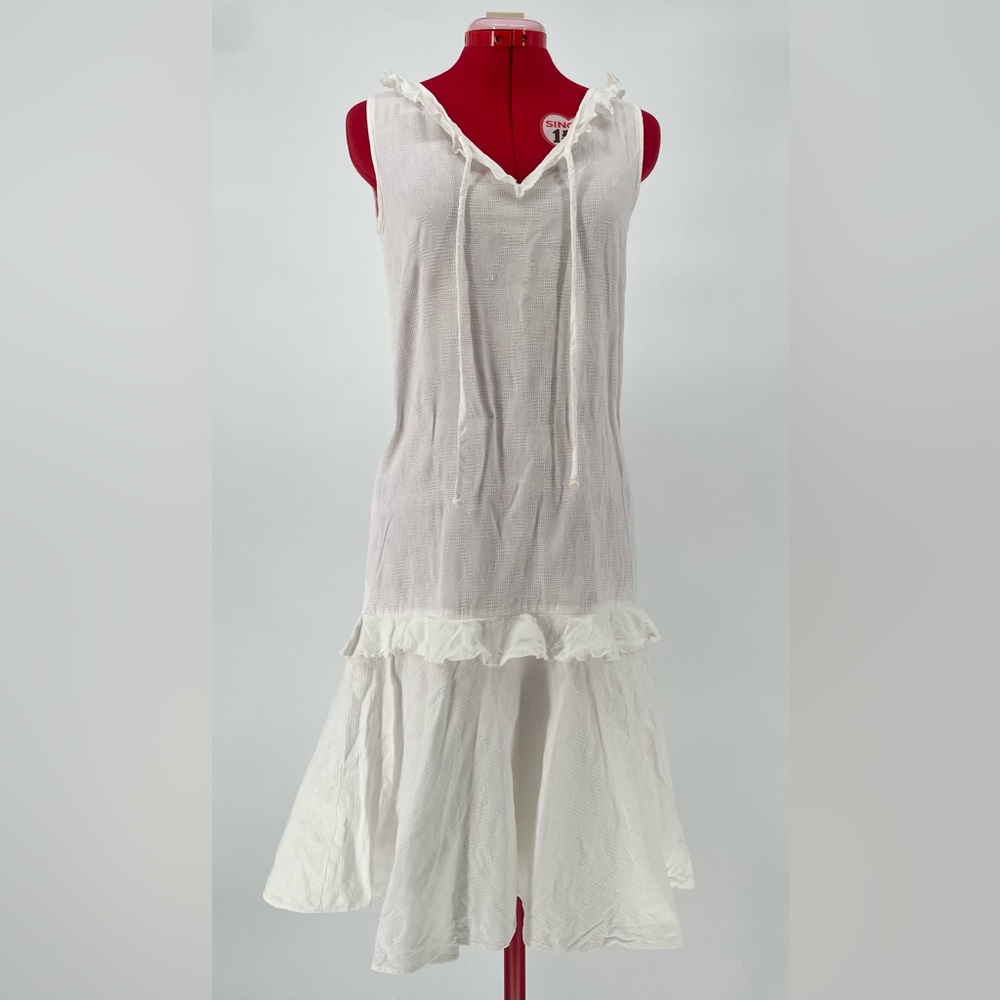 Vintage Crisp White Drop Waist Midi Dress With Neckline Ties & Tie Belt - Picture 11 of 15
